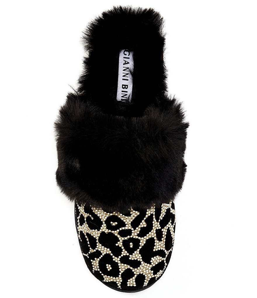 Gianni Bini Comfiee Leopard Print Rhinestone Embellished Faux Fur Slippers