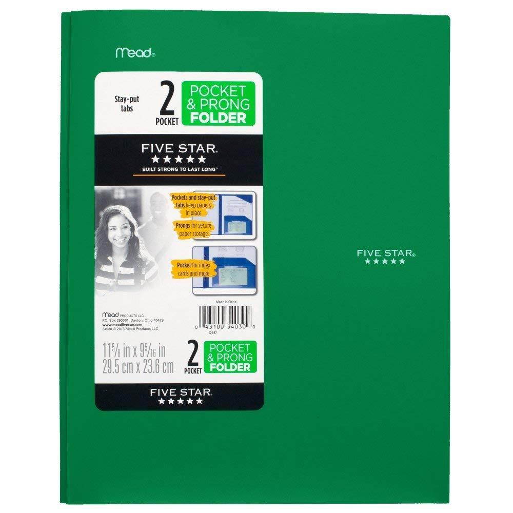 Five Star 2 Pocket Folder with Prong Fasteners, Stay-Put Folders, Folder with Pockets, Color Selected For You (38030)