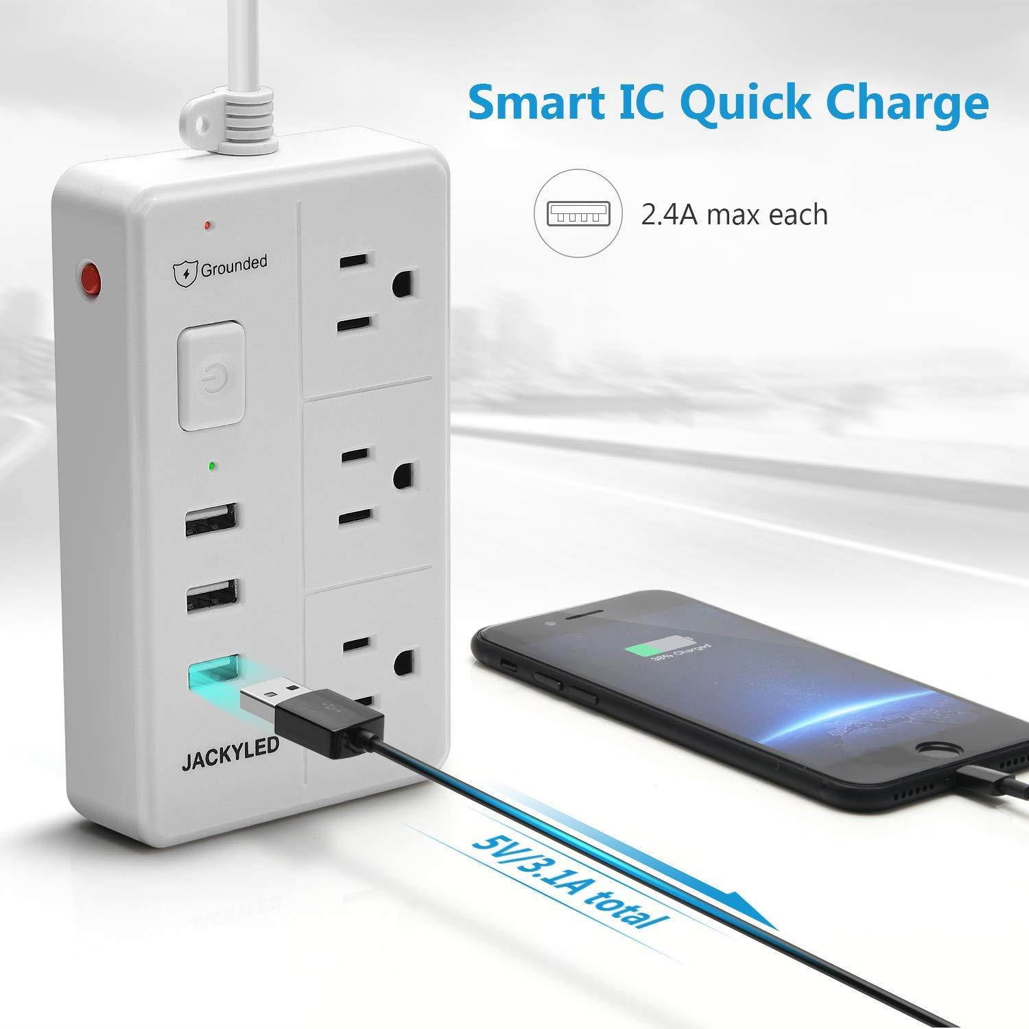 Power Strip with Child Safety Shutter JACKYLED Desktop Surge Protector with USB 6ft Long Extension Cord Multiple Protection Charging Station with Switch Control for Home Office White