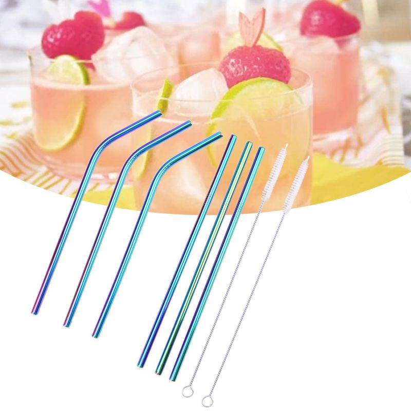 8 Pcs Stainless Steel Drinking Straws Reusable Curved & Straight Straws Set for Yeti 20oz(3 Pcs Thread Straight Staws, 3 Pcs Thread Curved Staws and 2 Brushes)