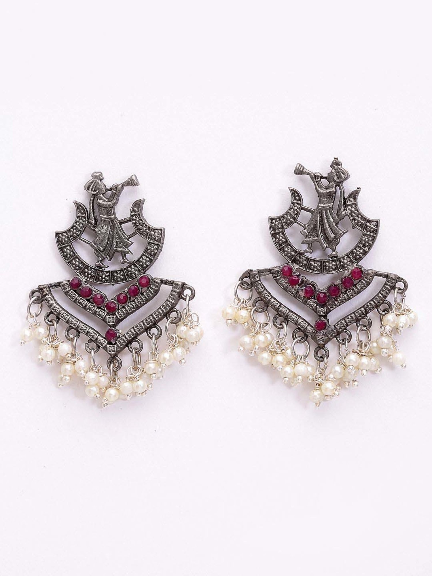 Panash Oxidized Silver-Toned Contemporary Pearl Stud Earrings