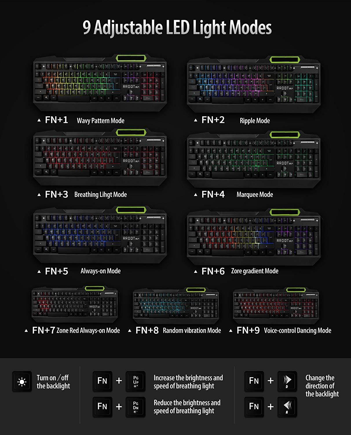 Gaming Keyboard, Anti-Ghosting Multimedia RGB LED Backlit (with Voice Control), 104 Key USB Wired Spill-Resistant Aluminum Alloy Metal Panel for Gaming and Typing by Lumsburry RROOT (Cool Black)