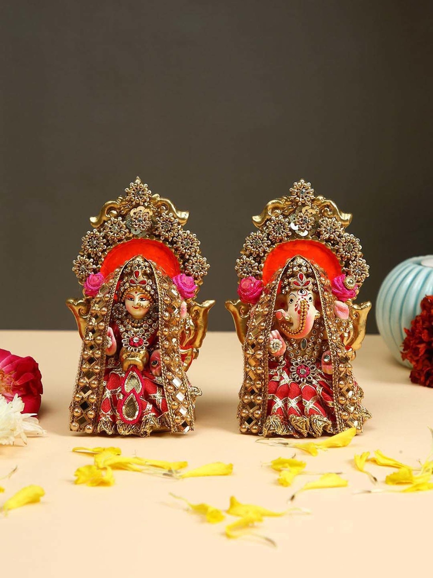 Aapno Rajasthan Red & Golden Terracotta Handcrafted Laxmi Ganesh Idol Set