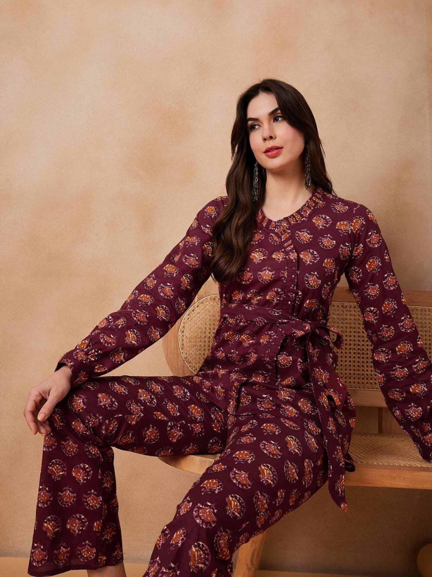 Inweave Maroon Cotton Printed Top & Pant Set