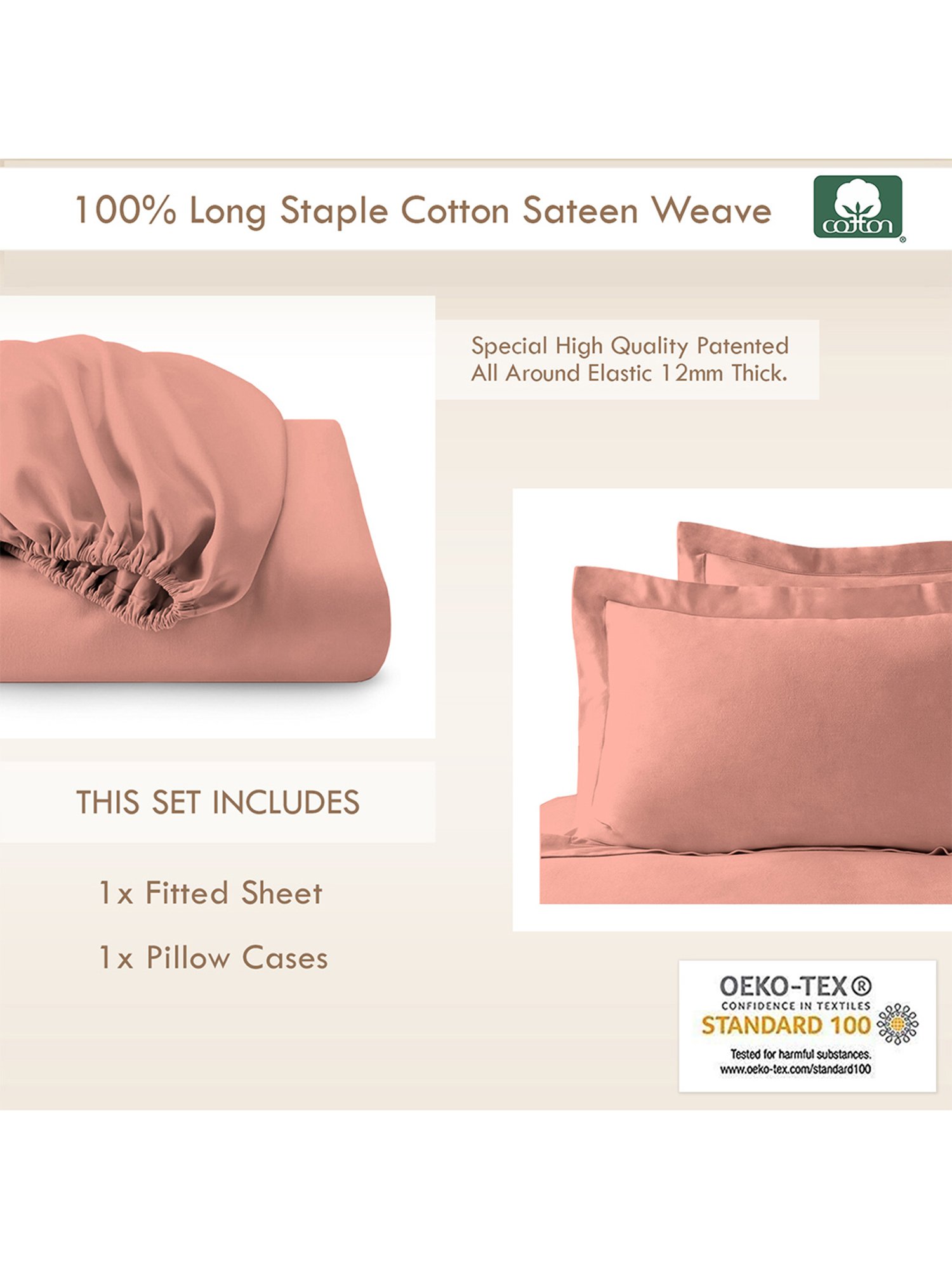 Pizuna Burnt Coral 400TC Cotton Fitted Bed Sheet with 1 Pillow Covers