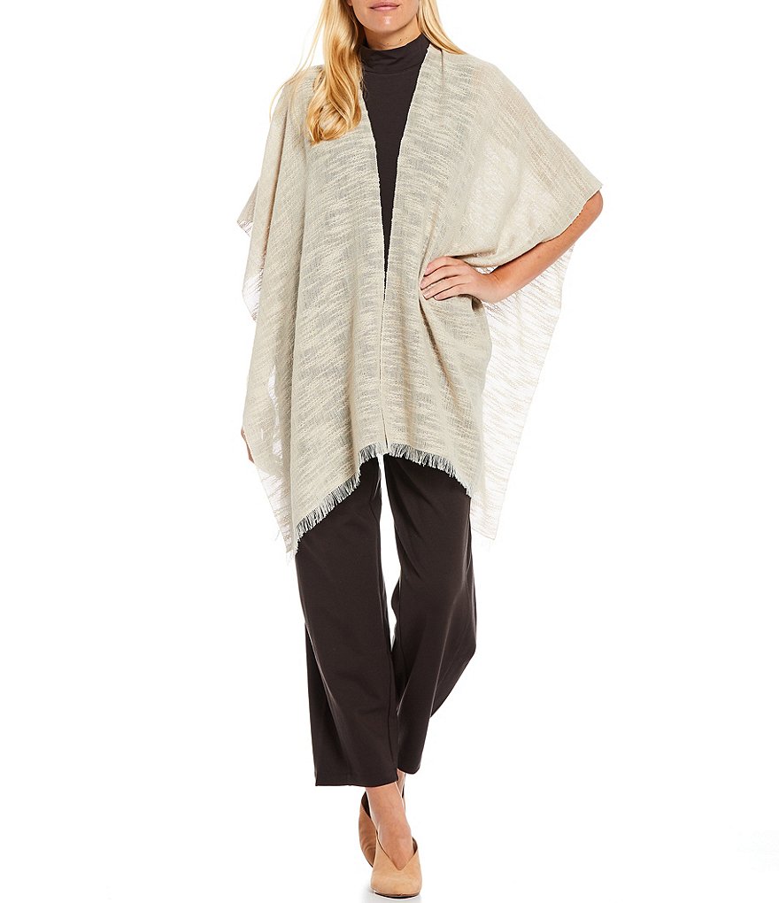 Eileen Fisher Open Neck 3/4 Sleeve Handwoven Cotton & Alpaca Slub Poncho