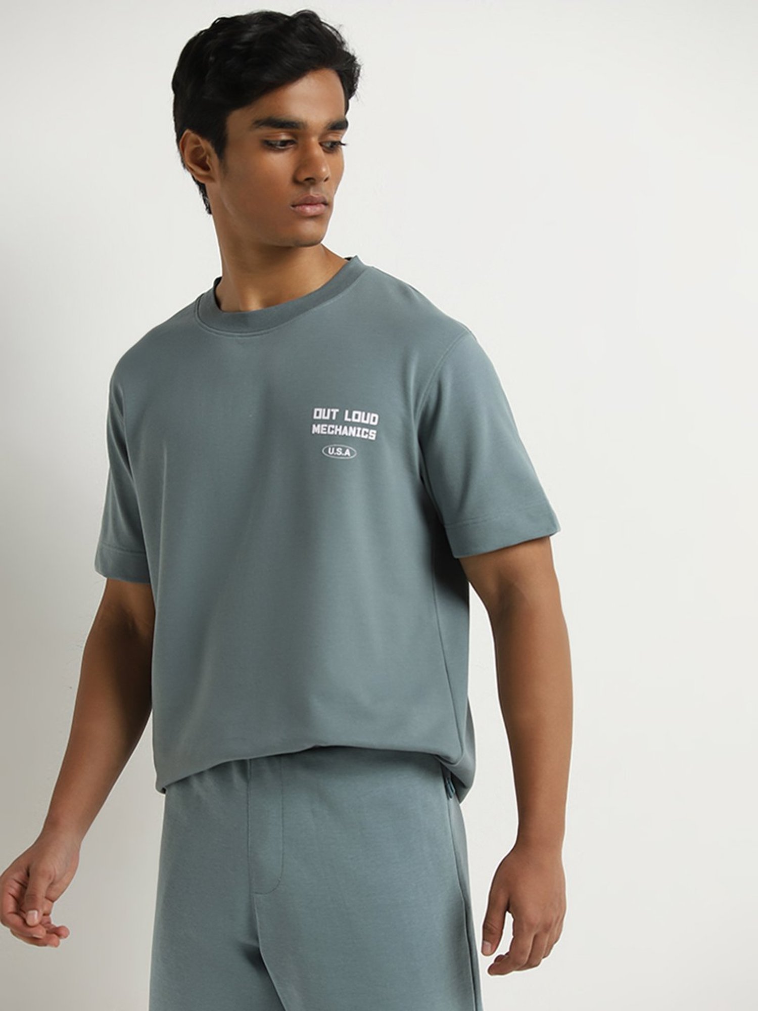 Studiofit by Westside Light Teal Text Design Relaxed-Fit T-Shirt