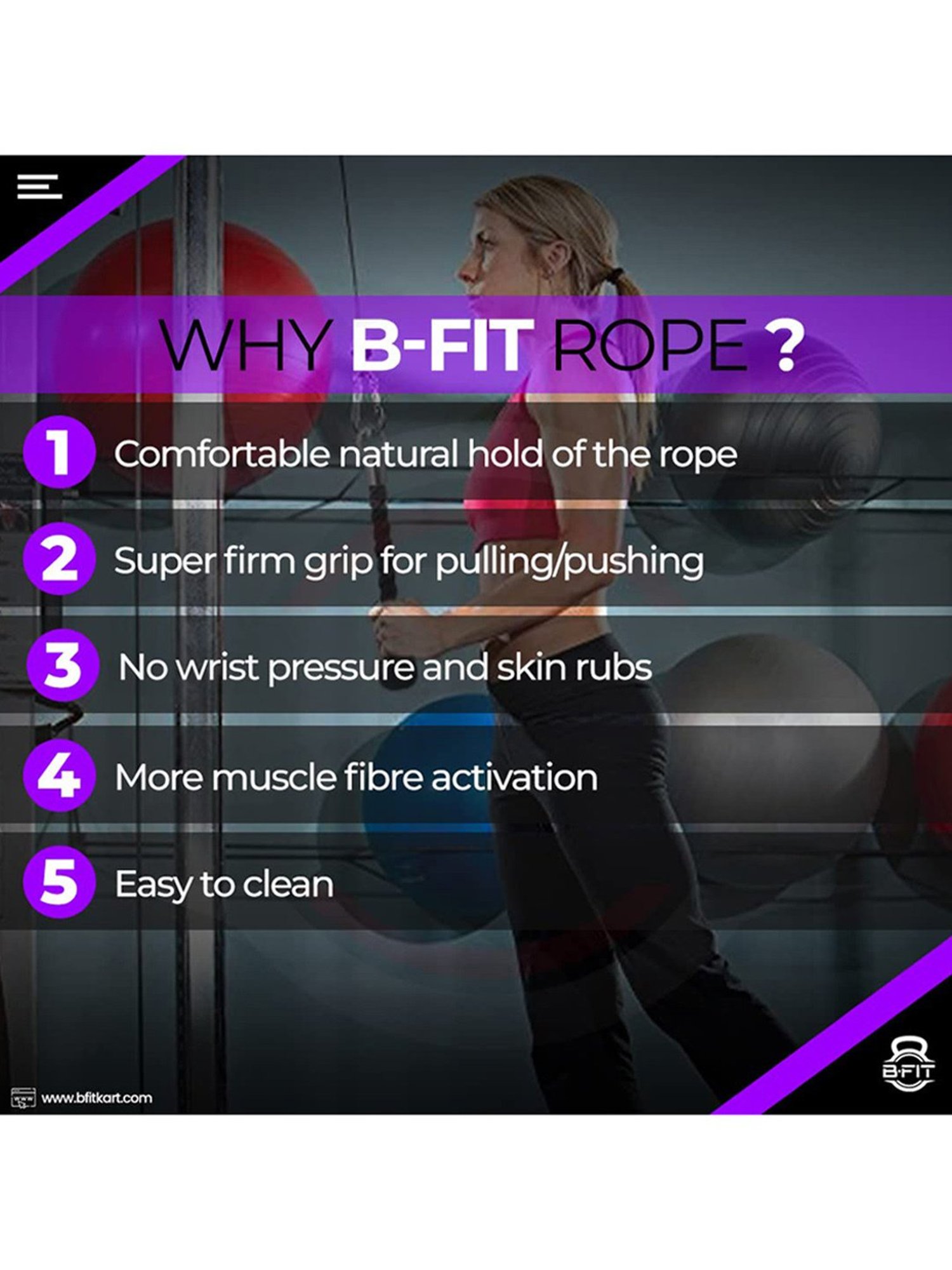 B Fit GH7149 Nylon 14.5" Single Grip Pull Down Bicep Cable Attachment Exercises Tricep Rope (Black)