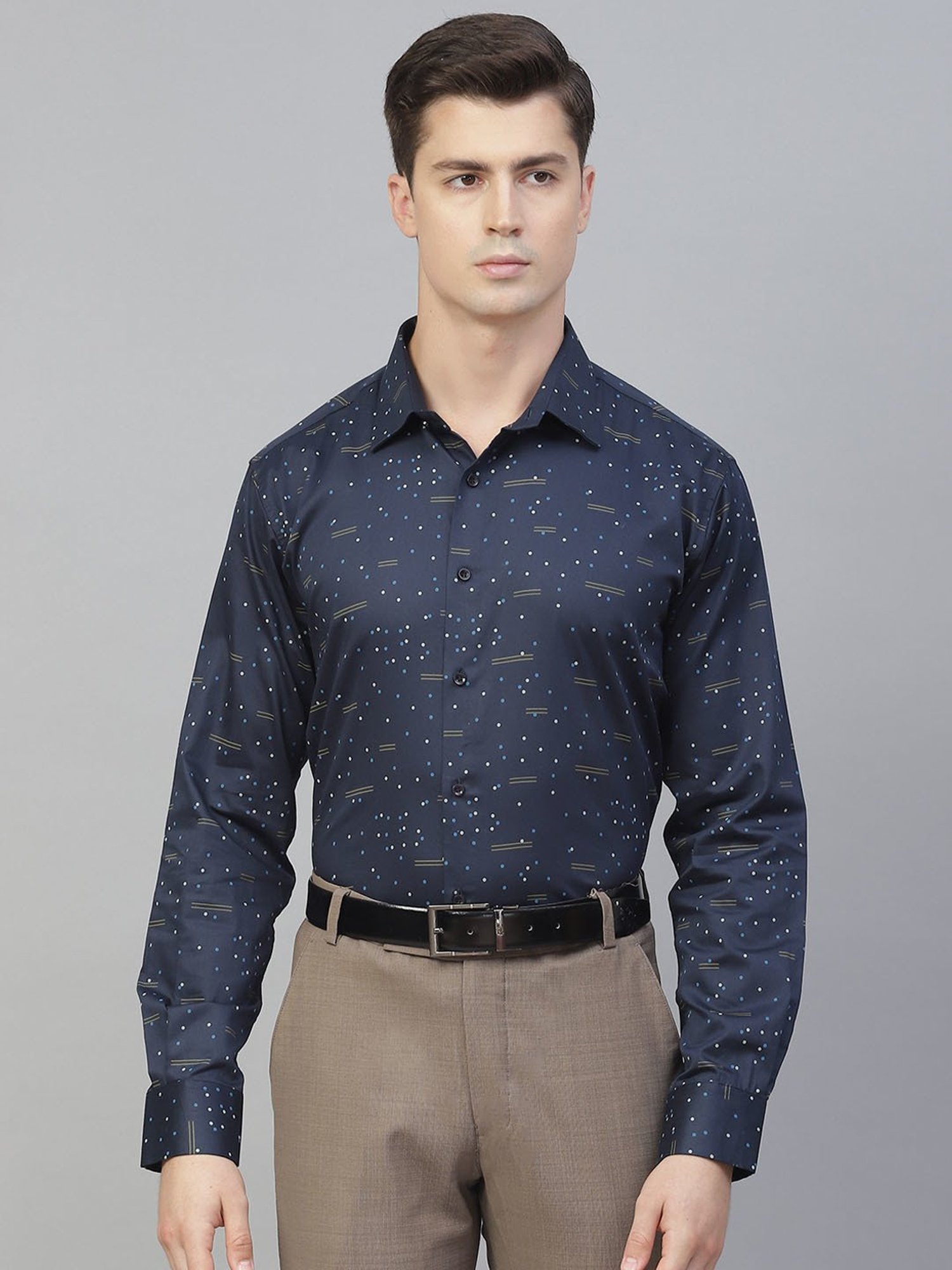 ManQ Blue Cotton Regular Fit Printed Shirt