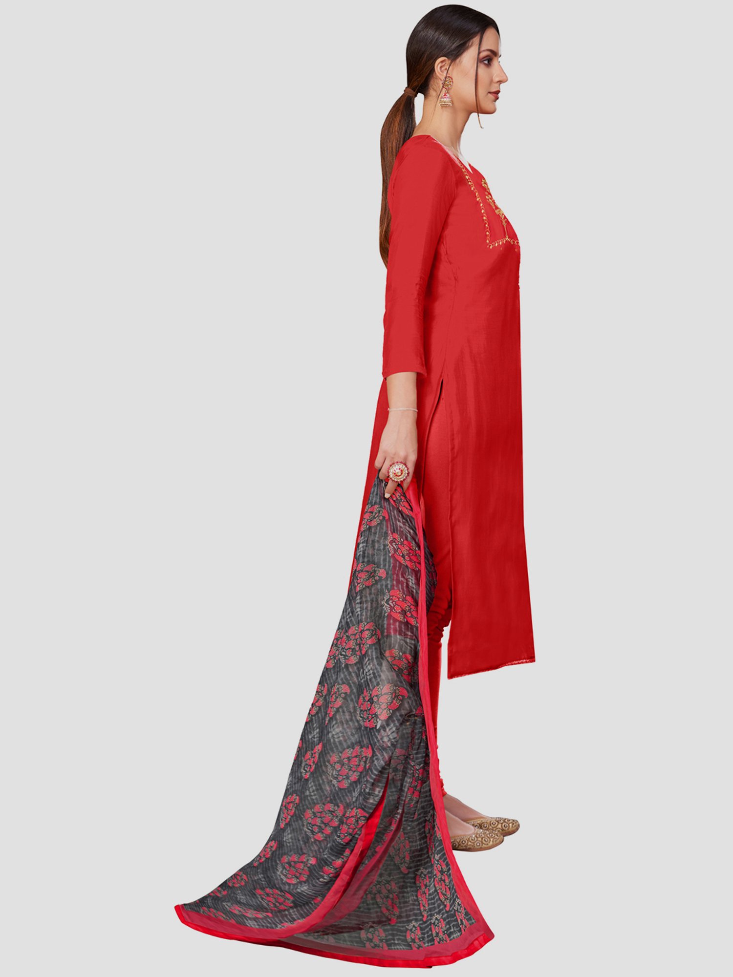 Saree Mall Red Embroidered Unstitched Dress Material With Dupatta