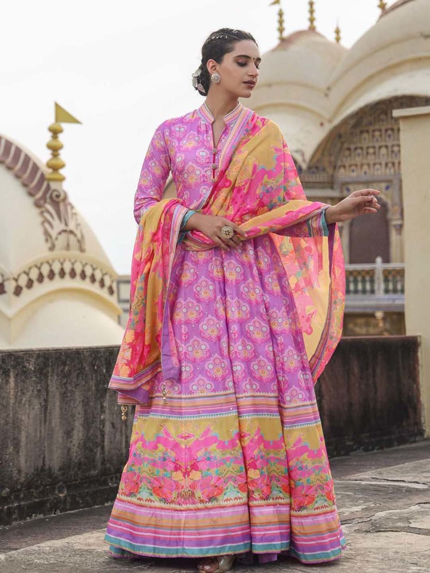 SCAKHI Purple Printed Maxi Dress With Dupatta