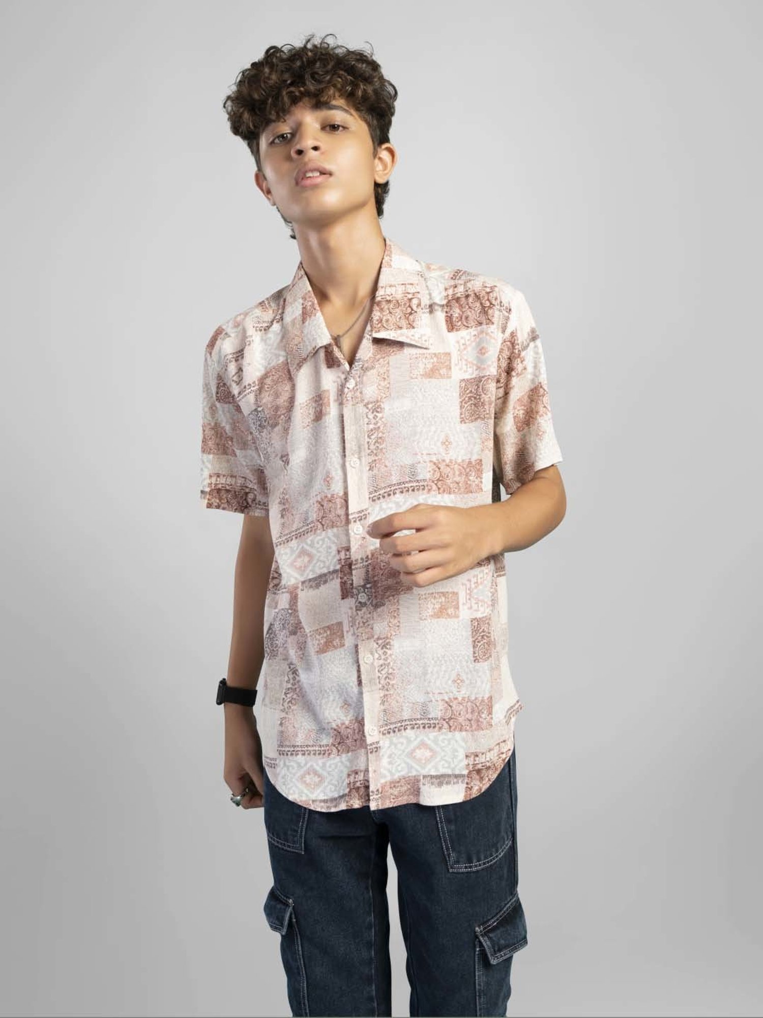 TeenTrums Kids Brown & White Cotton Printed Shirt