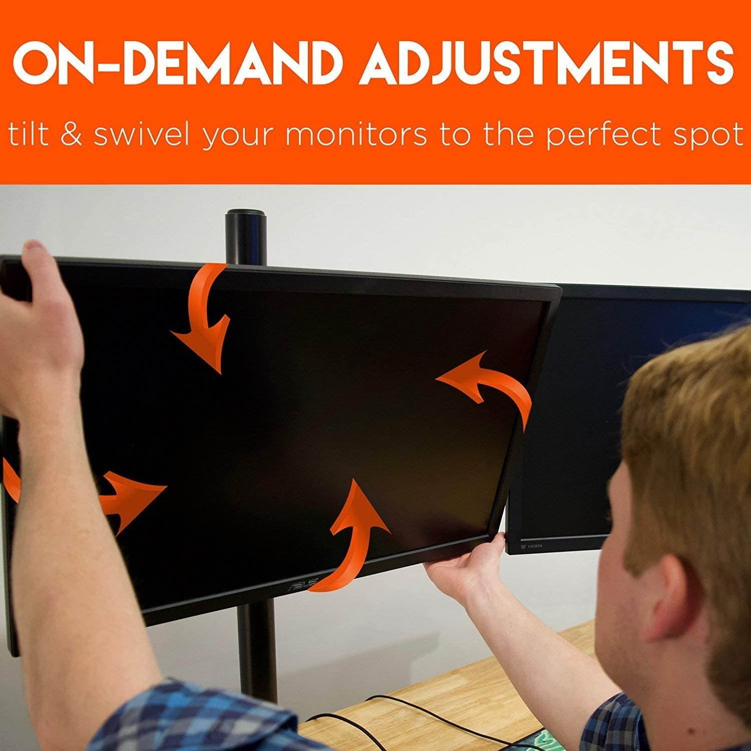 Triple Monitor Desk Mount Stand for 3 Screens Up to 27" - Adjust Tilt, Orientation & Swivel of Each Monitor Without Tools - Lock-Down Height Adjust Eliminates Screen Wobble