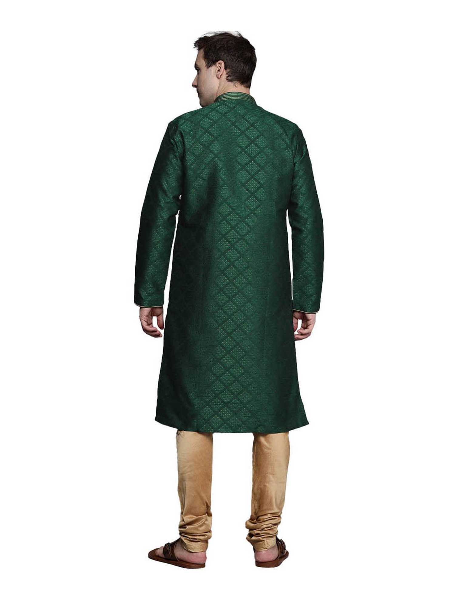 Manyavar Bottle Green & Beige Jacquard Kurta With Churidar Set