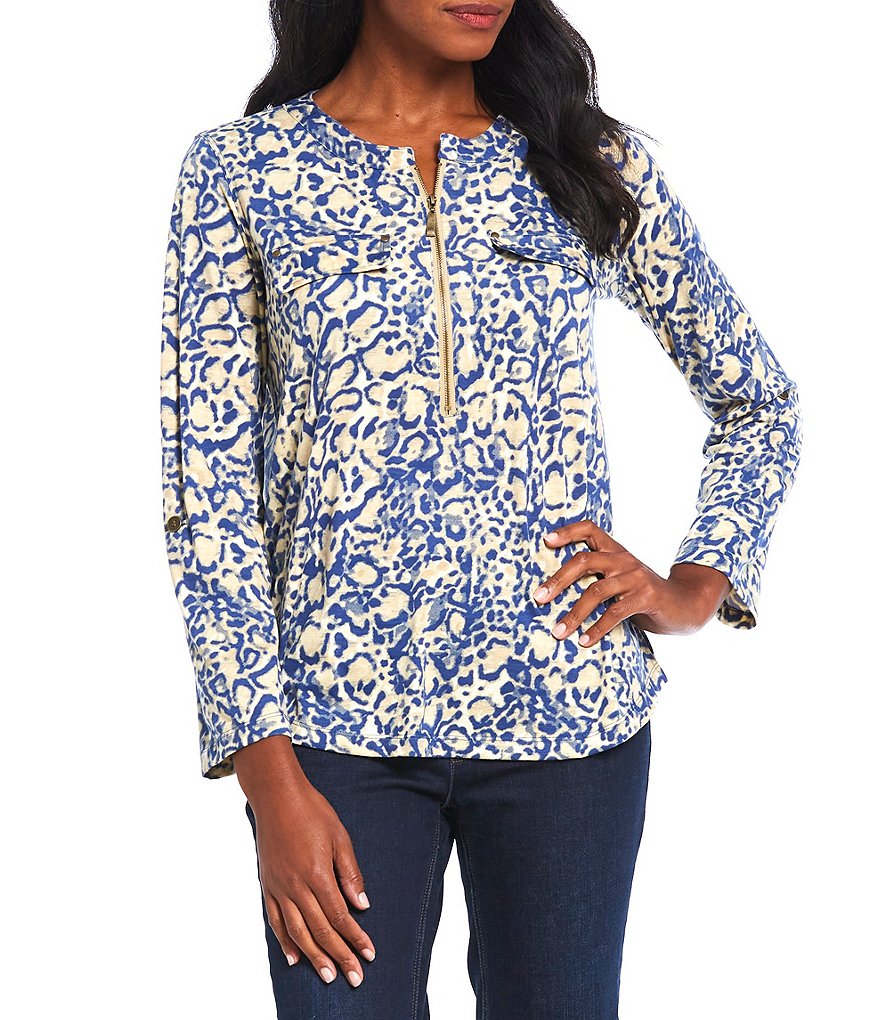 Ali Miles Petite Size Long Roll-Tab Sleeve Round V-Neck Pucker Knit Asymmetrical Tunic