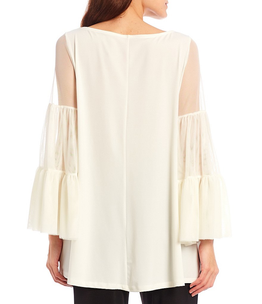 IC Collection Tiered Layer Mesh Bell Long Sleeve Boat Neck Knit Top