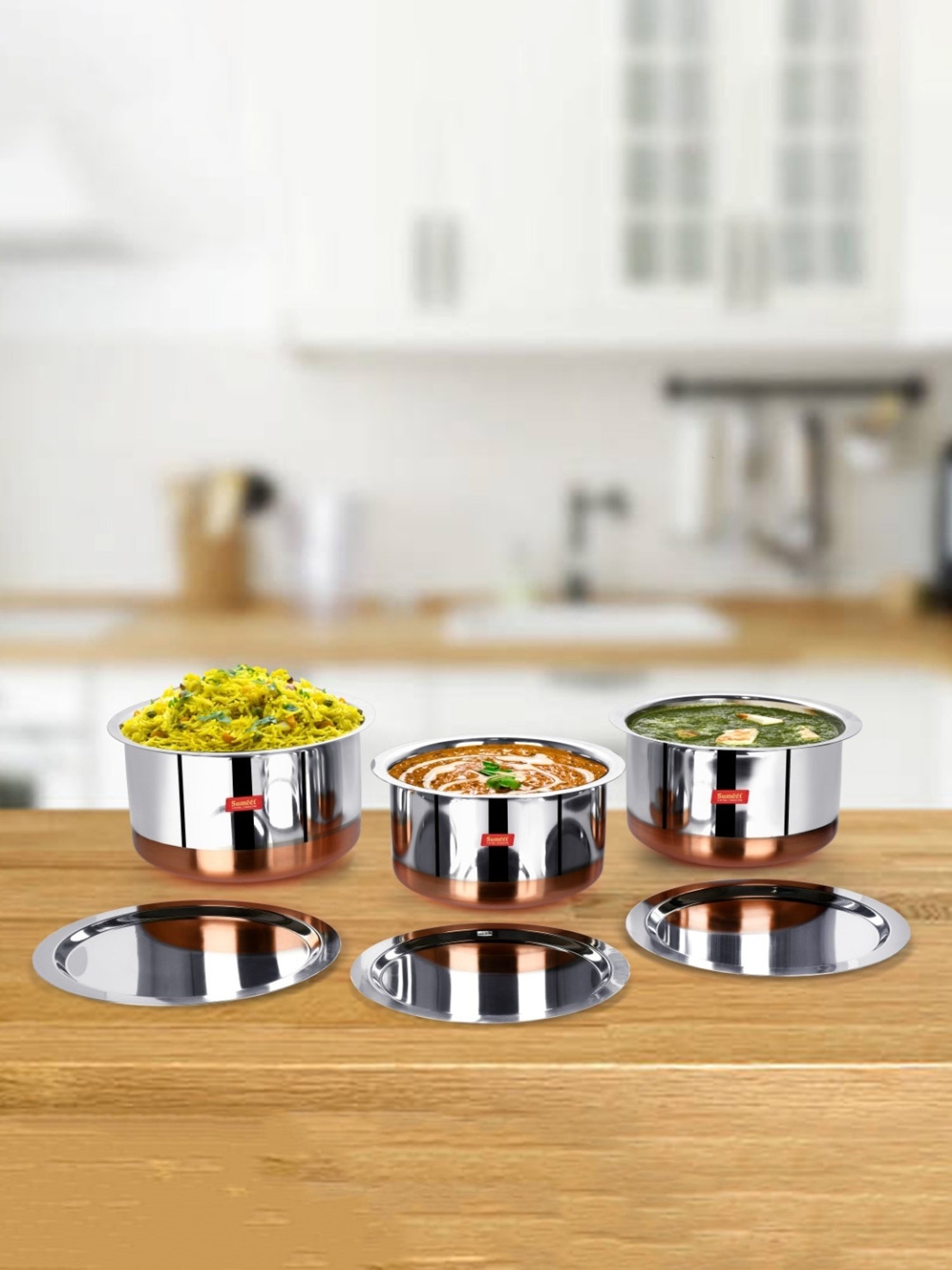 Sumeet Stainless Steel Copper Bottom 3Pc Big Size Tope Set With Lid  (4.70L, 5.7Ltr, 6.7Ltr)