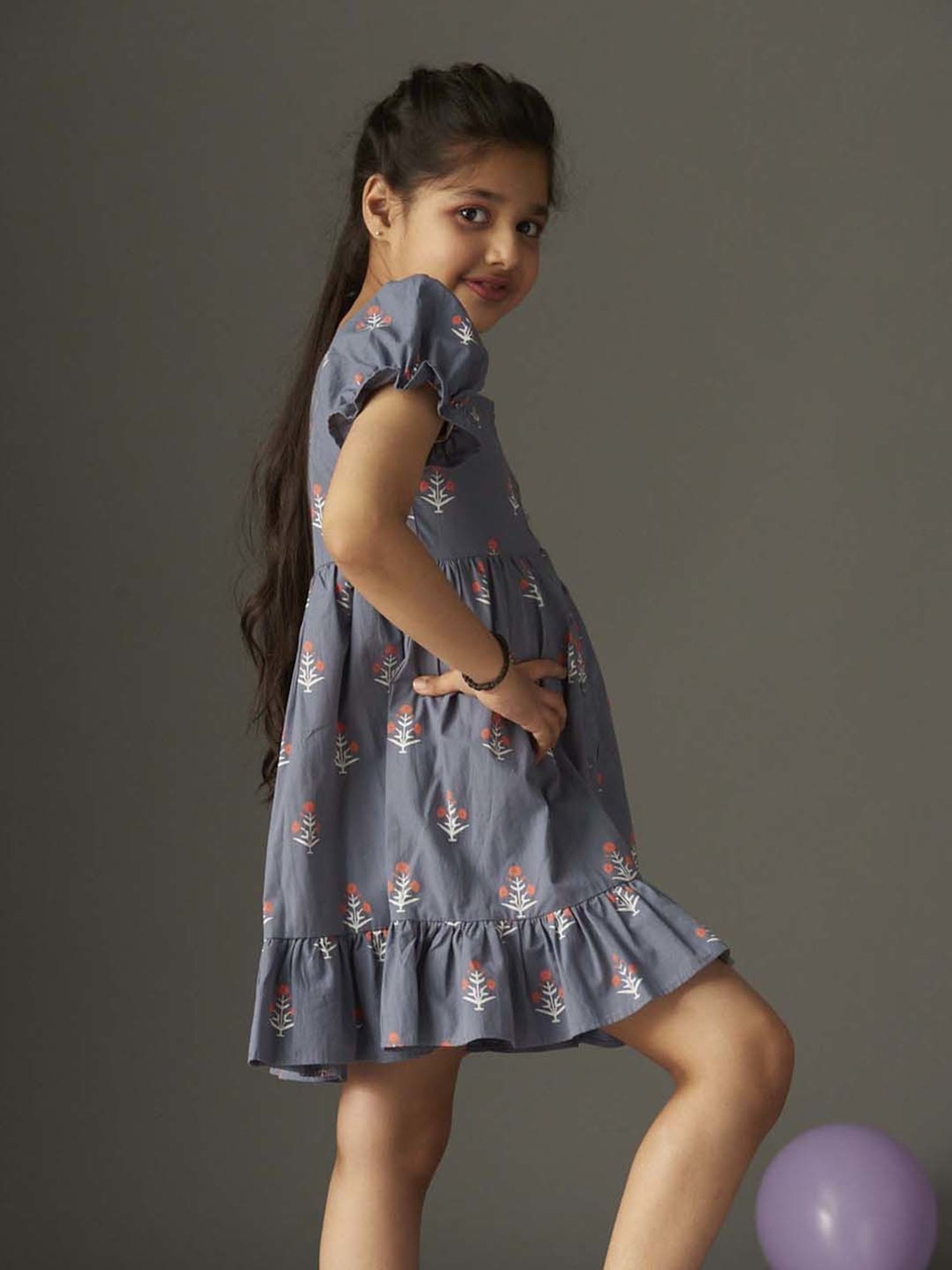 KidsDew Kids Grey Cotton Floral Print Dress
