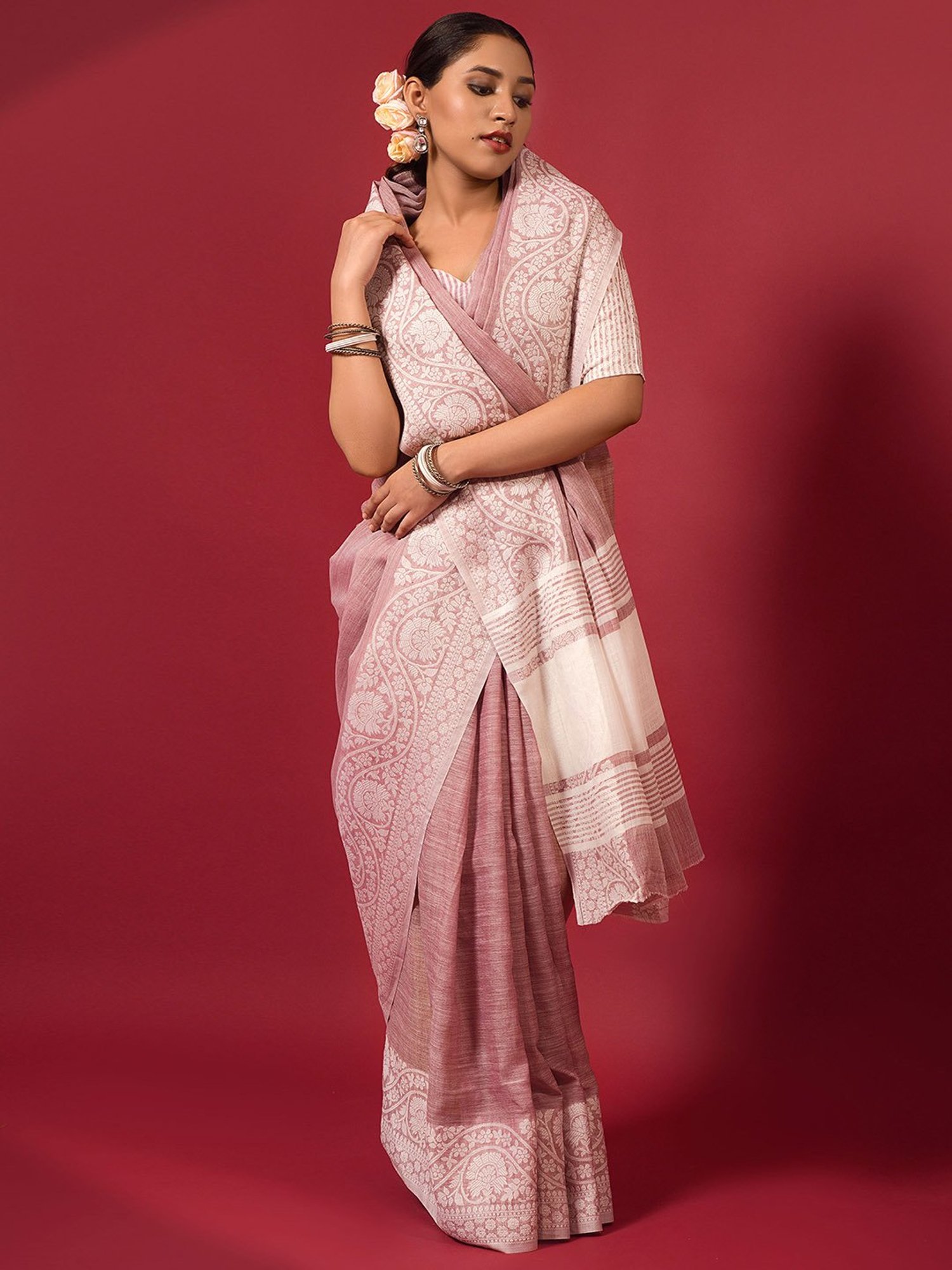 Elora Pink Linen Woven Saree With Unstitched Blouse