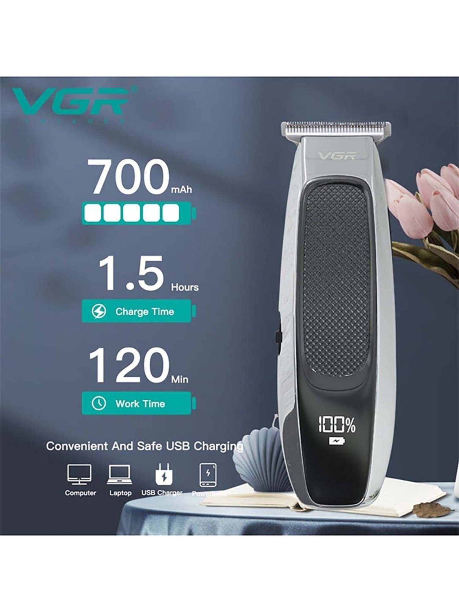 VGR V-255 Professional Cordless Hair Trimmer - 120 min Runtime (Black)