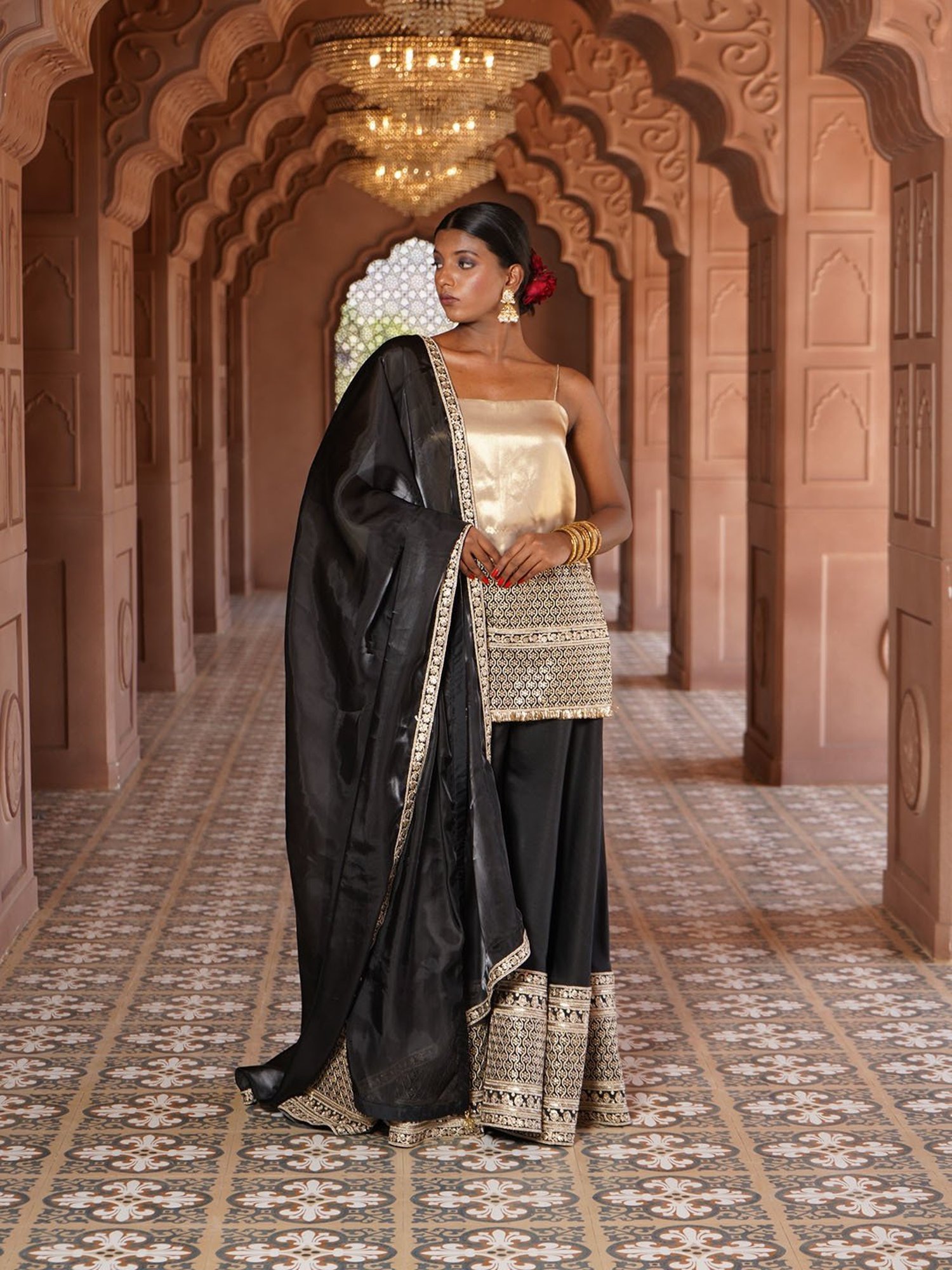 Monk and Mei Nargis Strap Kurta with Silk Sharara & Dupatta