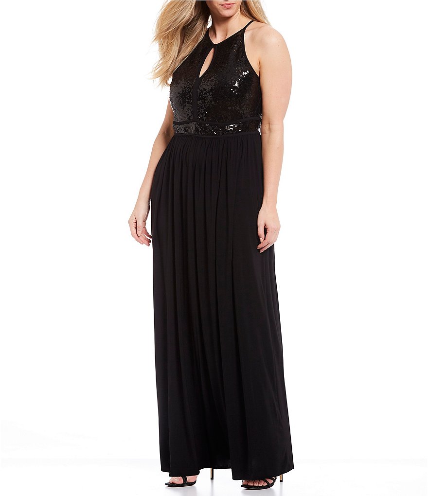 Morgan & Co. Plus Keyhole Sequin Bodice ITY Long Dress