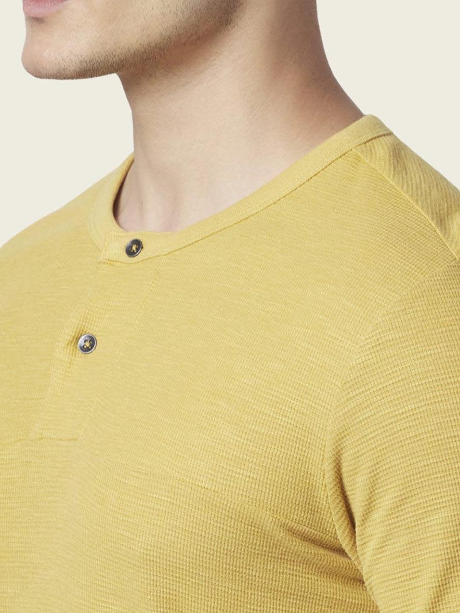 7 Alt by Pantaloons Mustard Yellow Cotton Slim Fit Self Pattern T-Shirt