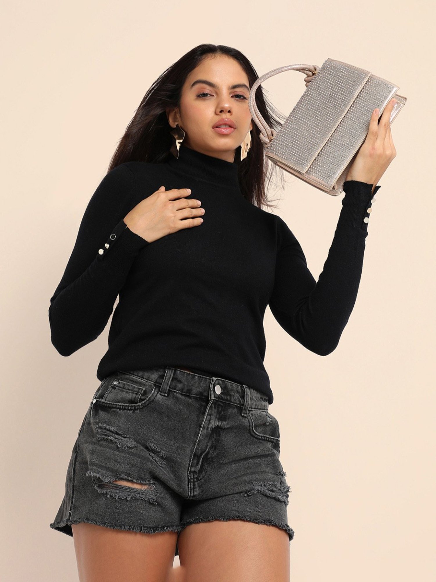 HauteSauce Beige Studded Medium Leather Handheld Handbag