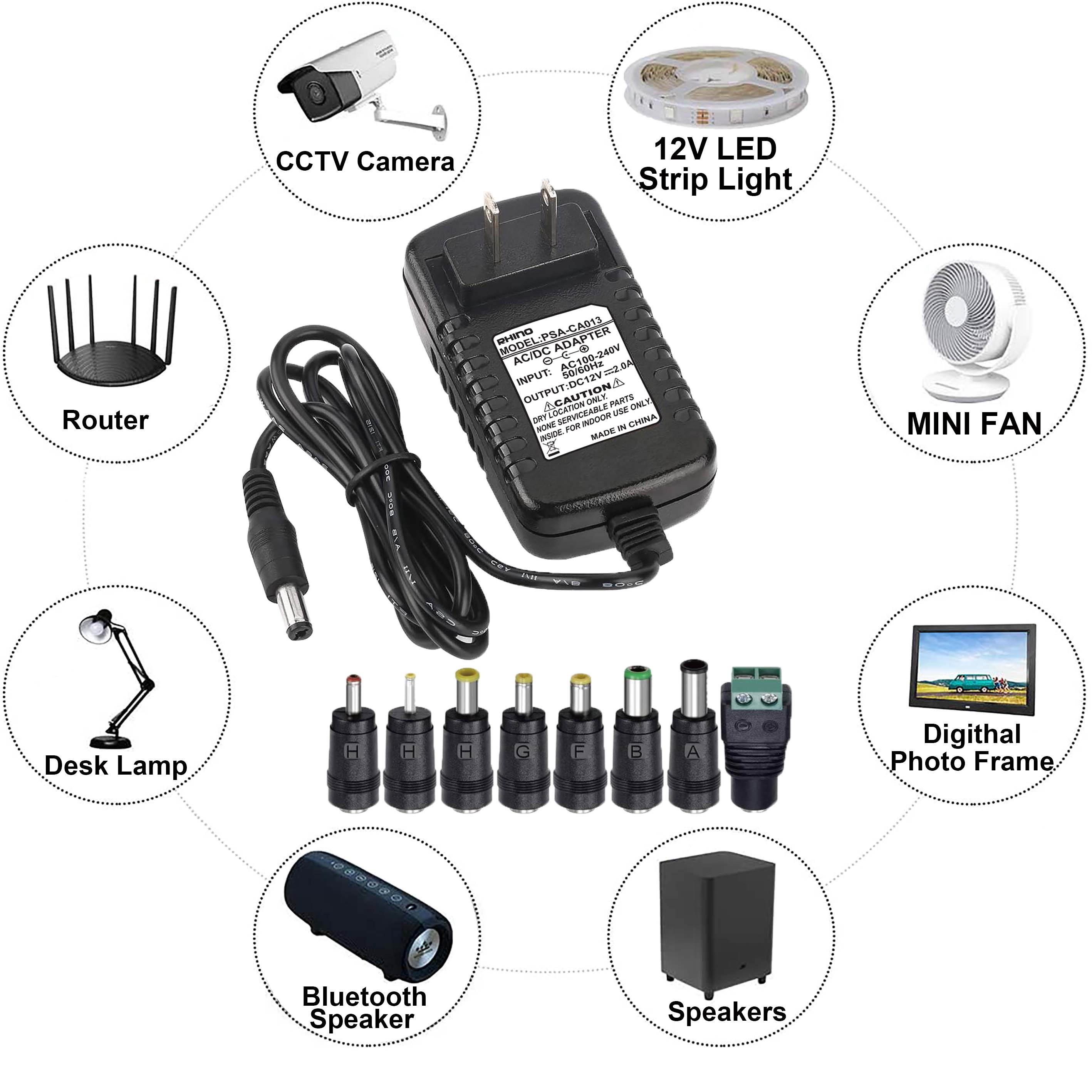 RHINO 12V 2A <12V 1.5A>ADAPTER CHARGER REPLACEMENT W/8 TIPS