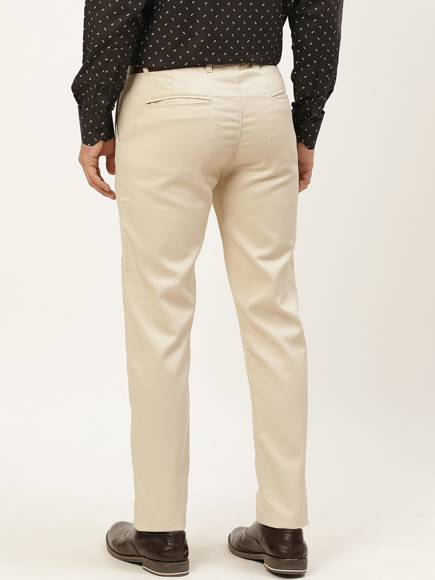 Sojanya Beige Cotton Regular Slim Fit Self Pattern Flat Front Trousers