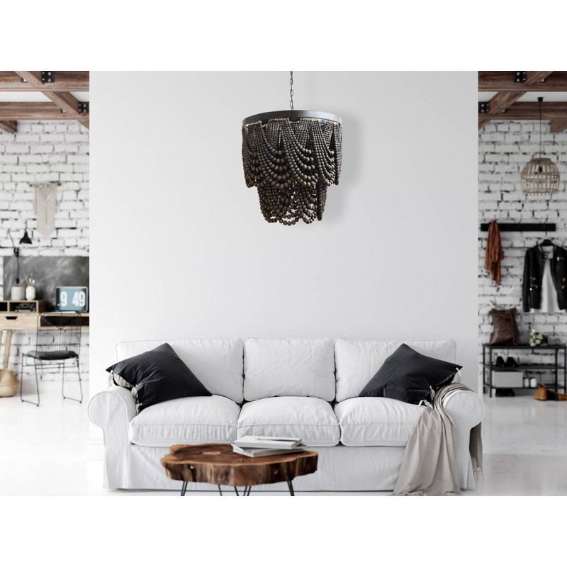 Chandelier with Wood Beads Black Metal Black - 3R Studios