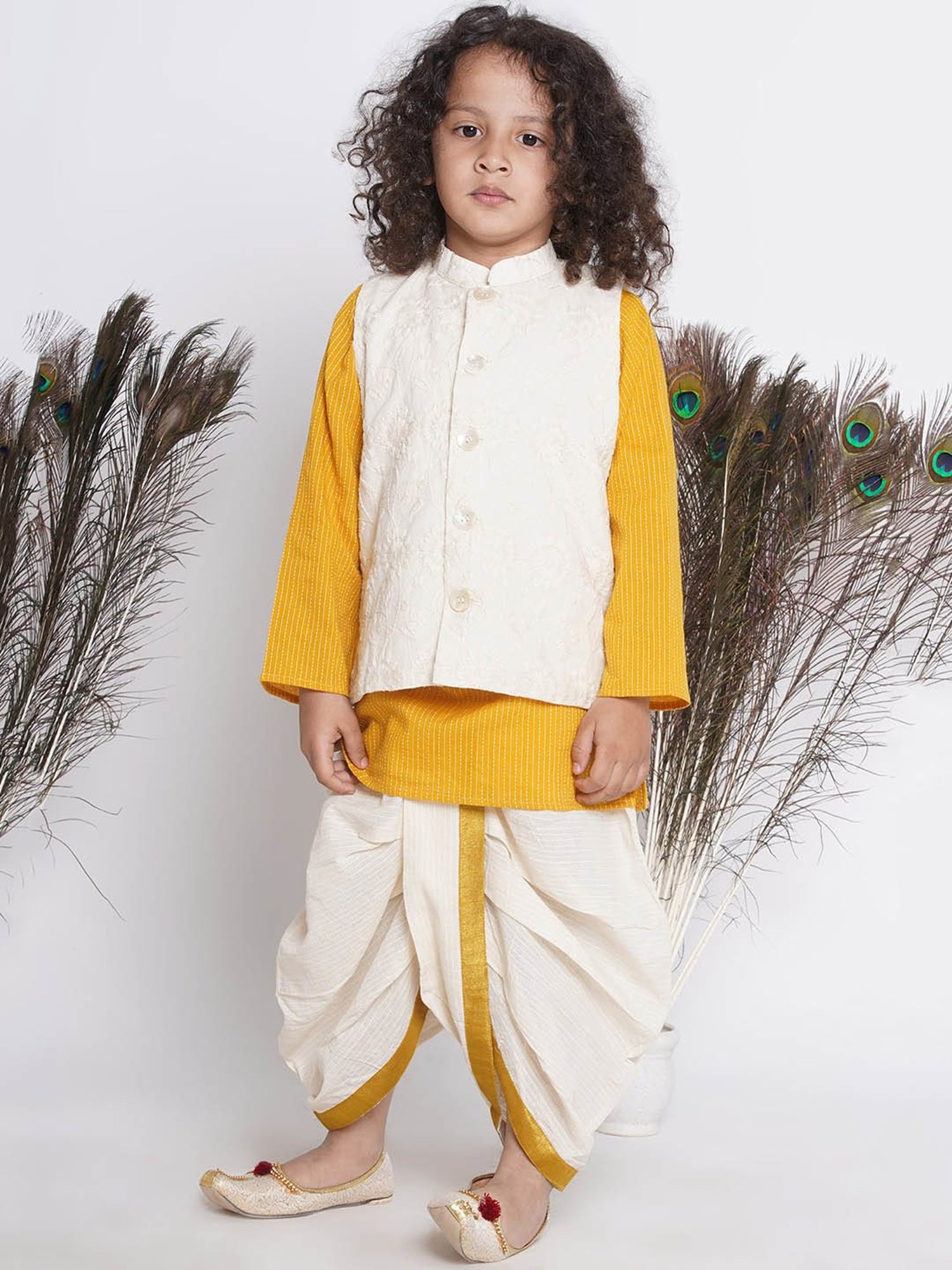 Little Bansi Kids Yellow & Cream Embroidered Full Sleeves Kurta, Jacket with Dhoti