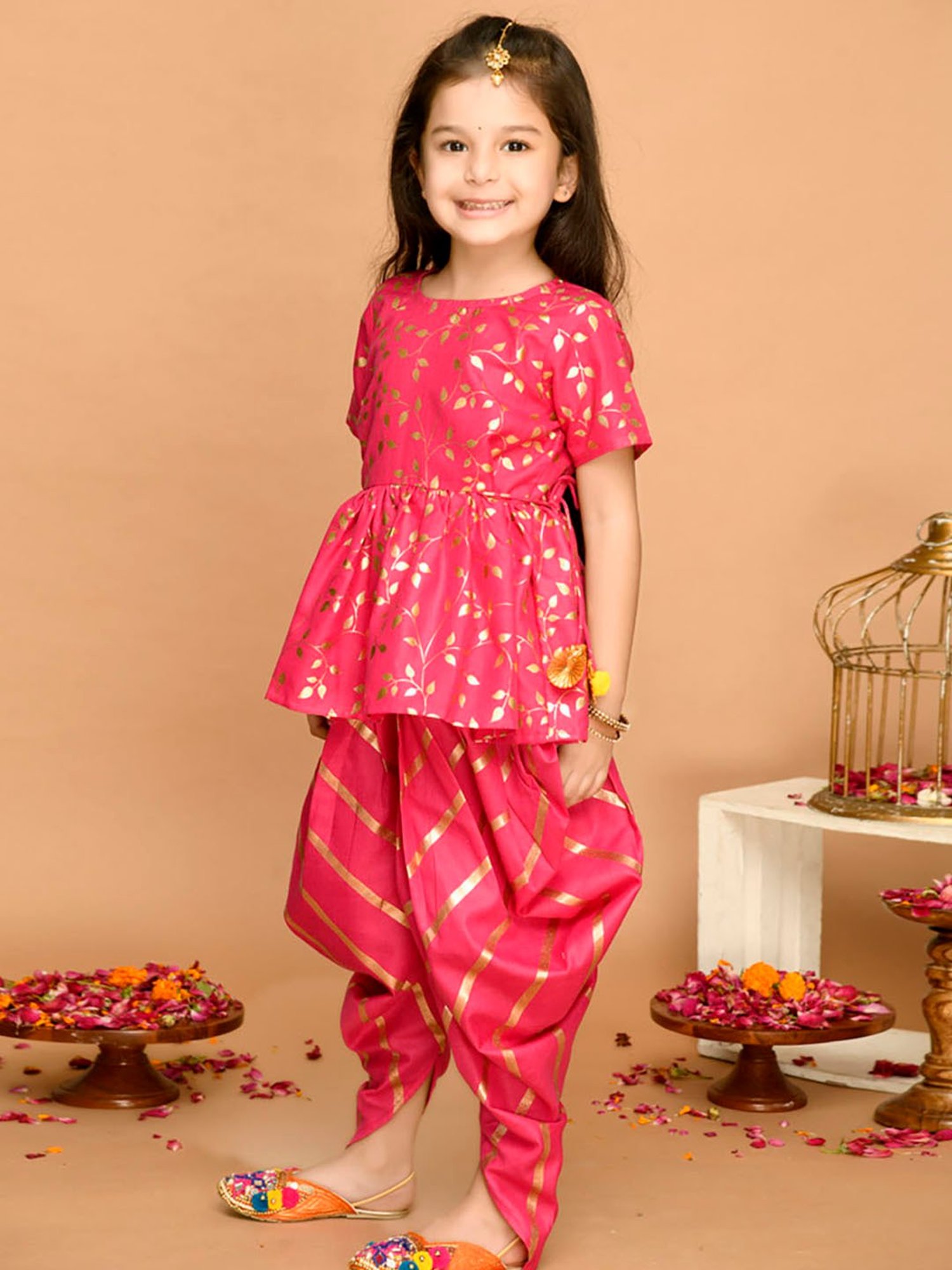 Saka Designs Kids Fuchsia & Gold Printed Jhabla with Dhoti