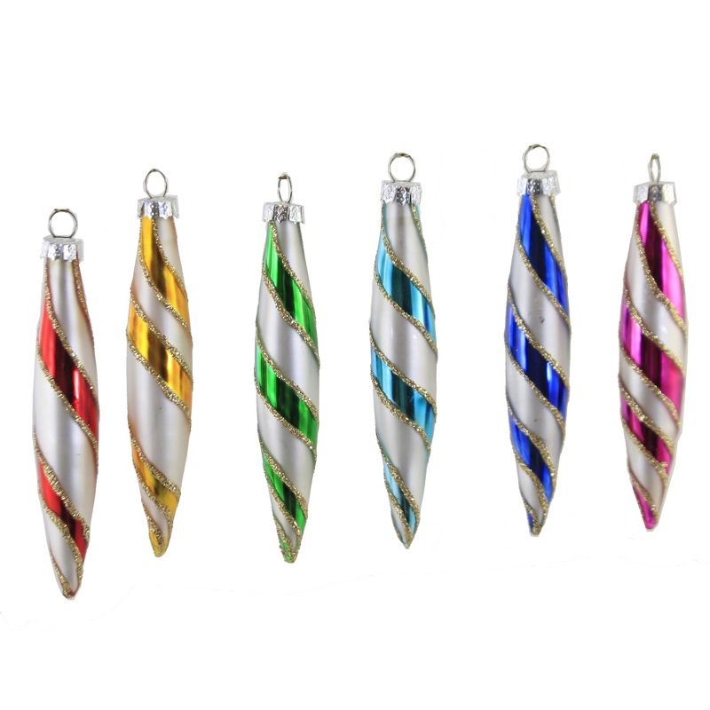 Holiday Ornament 4.25" Spectrum Spindle Drops Set / 6 Glittered Striped Retro Vintage  -  Tree Ornaments