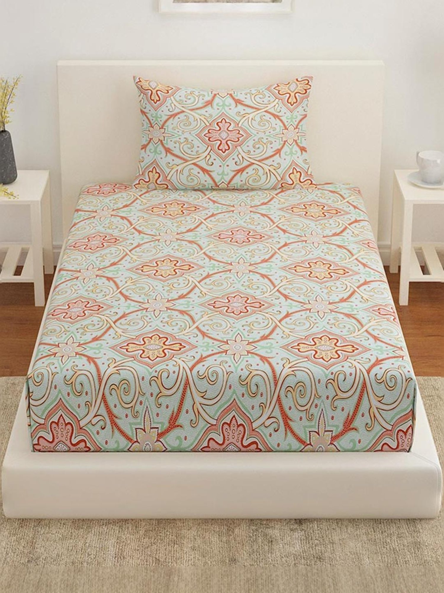 @Home Arias Green & Red 225 TC Cotton Satin Single Bedsheet with 1 Pillow Cover