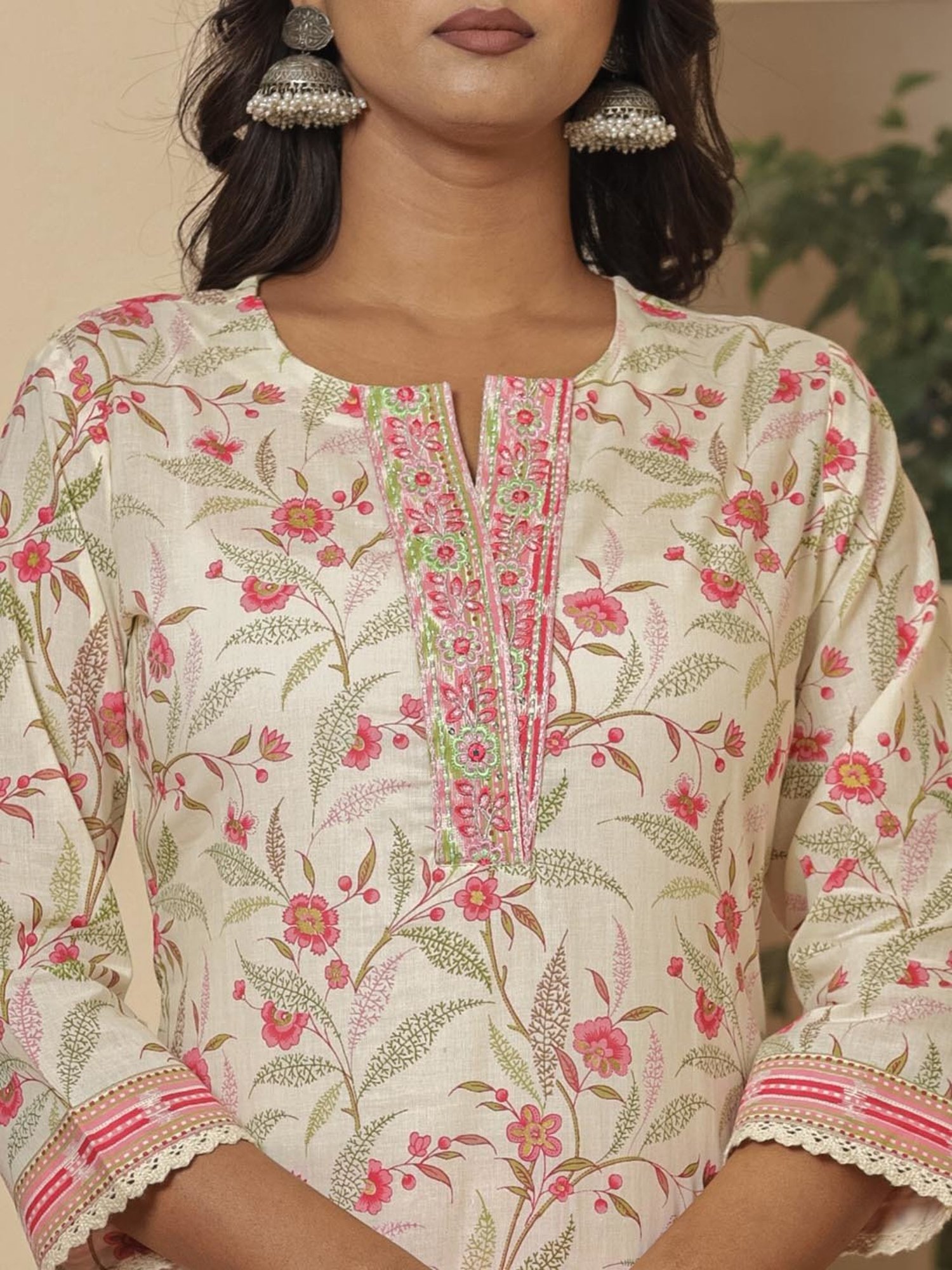 Yufta Off White & Pink Cotton Embroidered Kurta & Pant Set with Dupatta