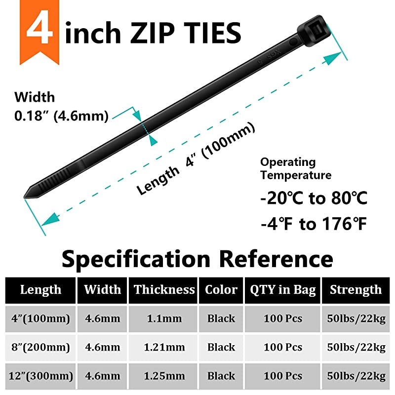 Zip Ties 4 Inch (100 Piece) Heavy Duty Black Nylon Cable Ties, Small Wire Ties, Wire Management for Organizing Home, Office, Garden and Data Centers