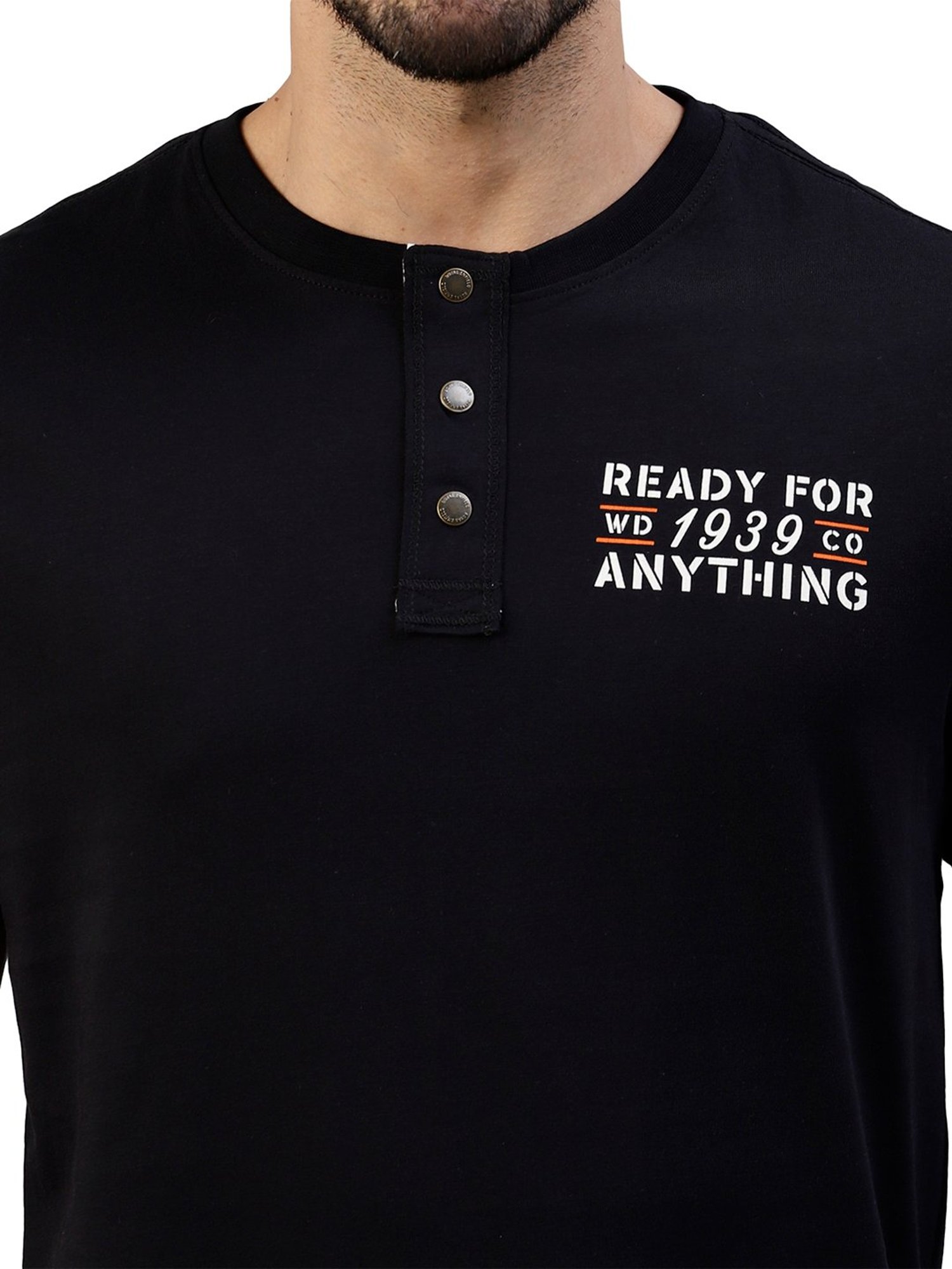 Royal Enfield Military Messenger Black Regular Fit Printed Henley T-Shirt