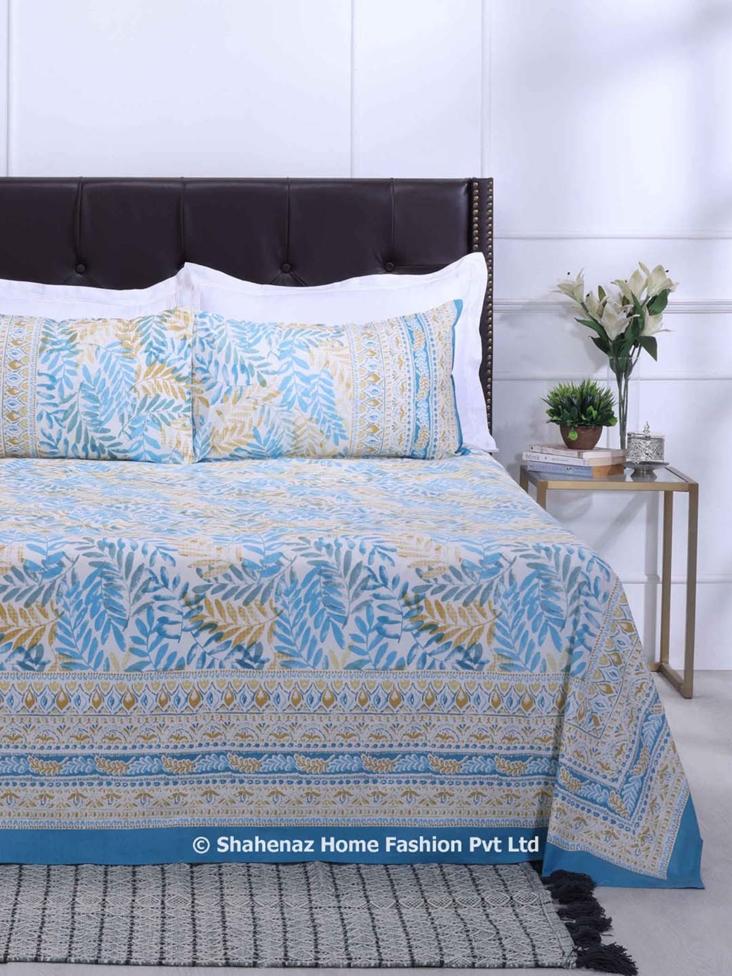 Shahenaz Blue 120 TC Cotton French Leaves Double Bedsheet with 2 Pillow Covers