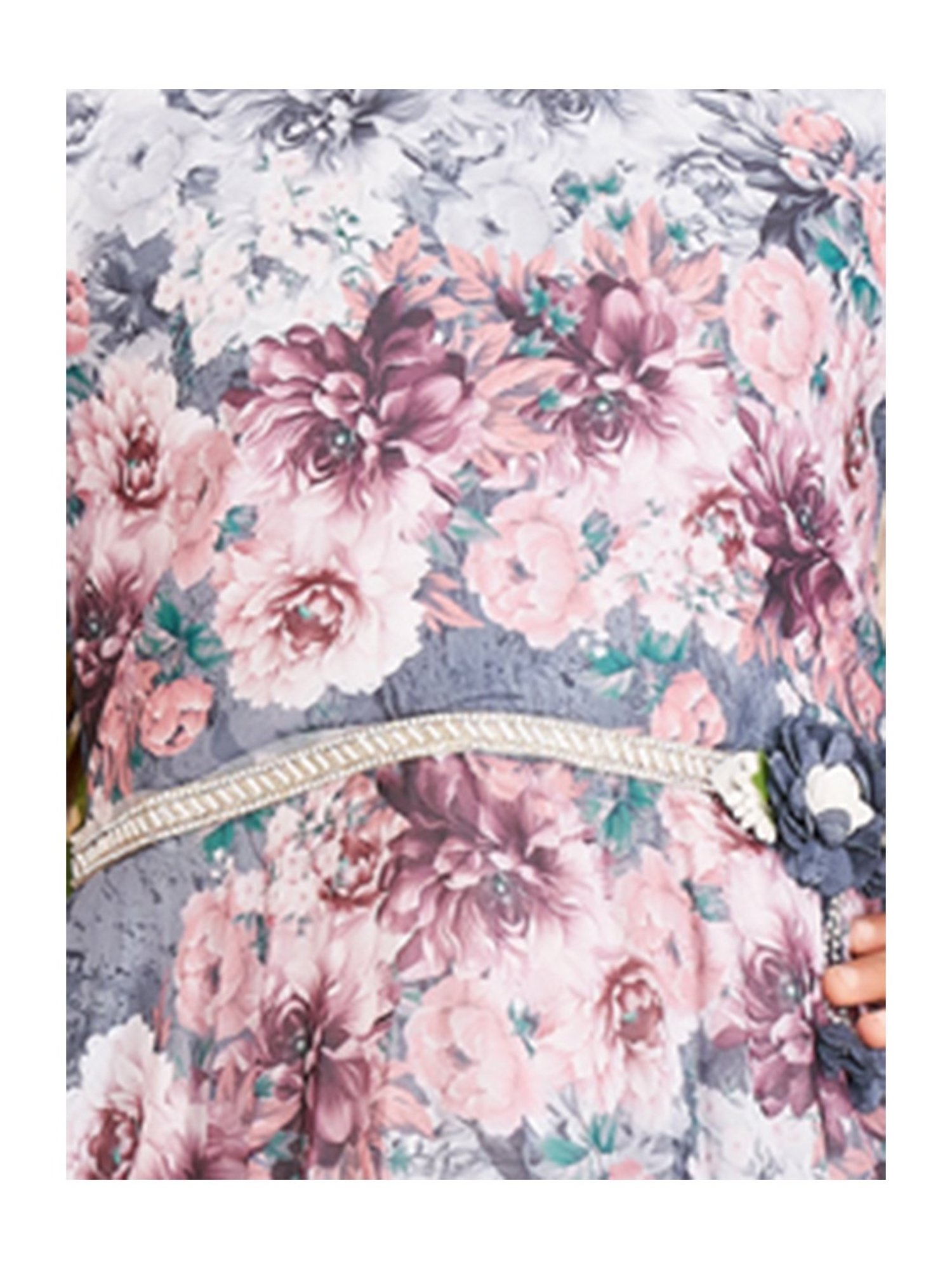 Aarika Girls Grey & Pink Floral Print Gown