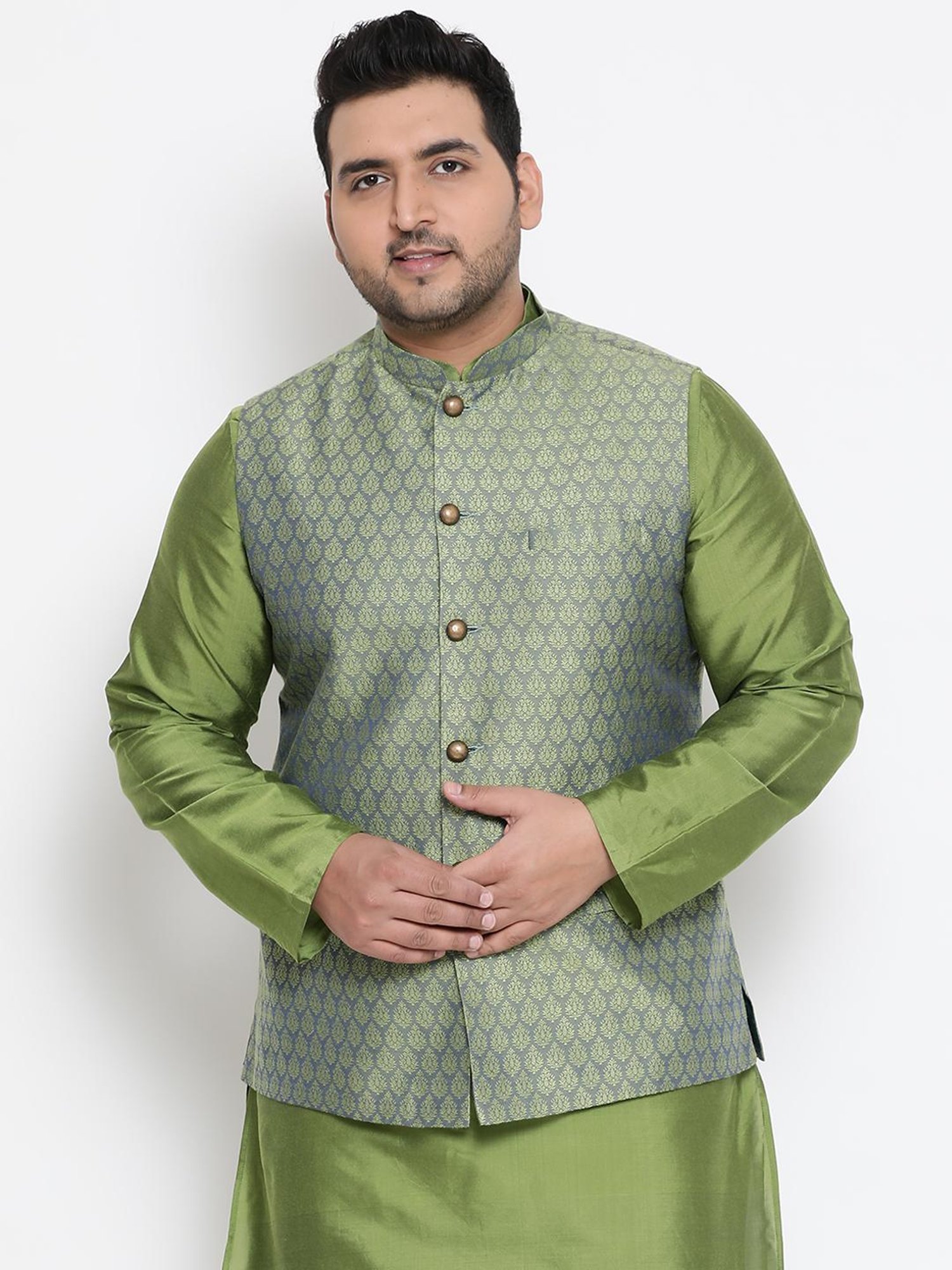 KISAH PLUS Green Regular Fit Jacquard Nehru Jacket