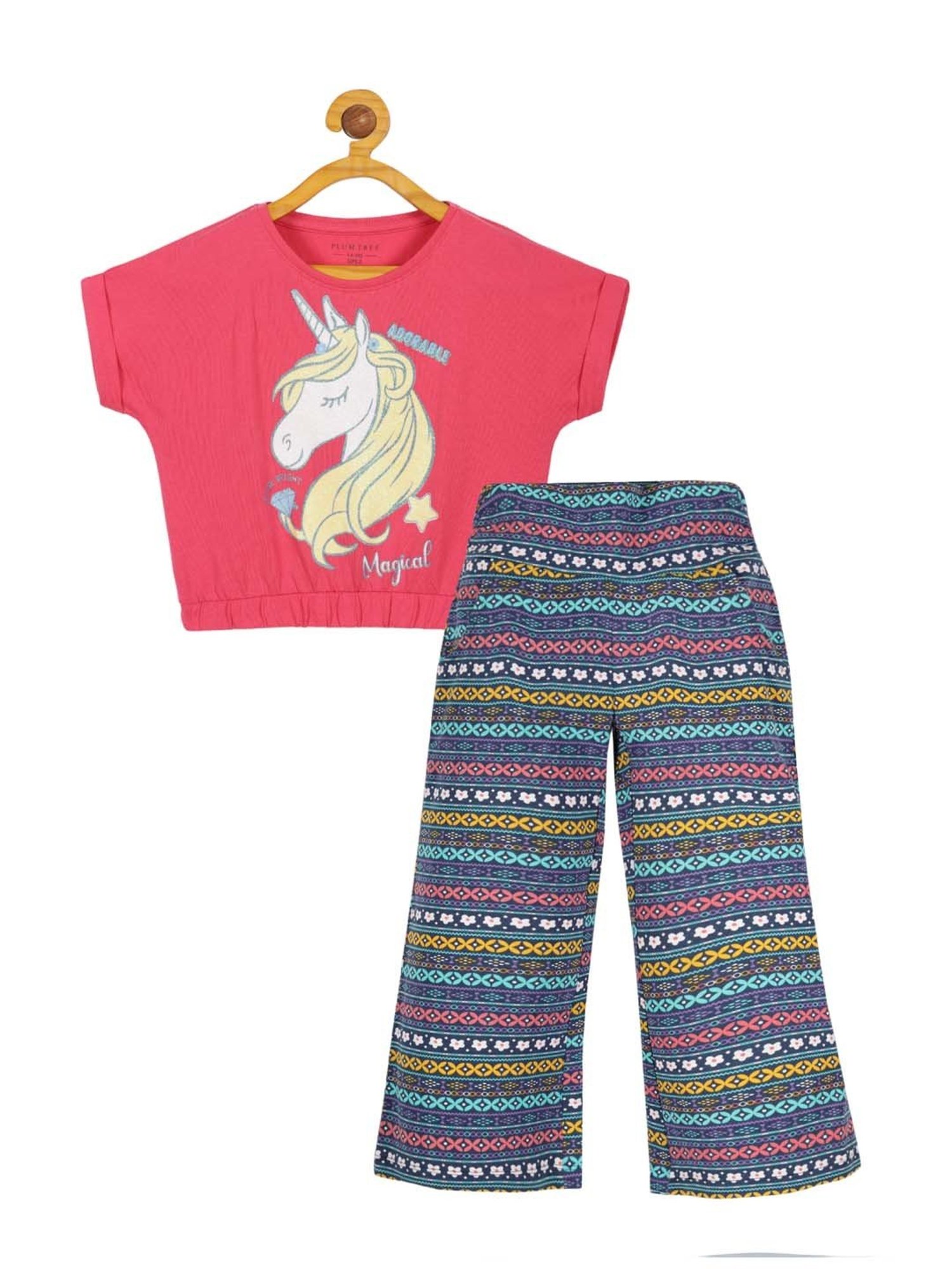 Plum Tree Kids Pink & Blue Cotton Printed Crop Top Set