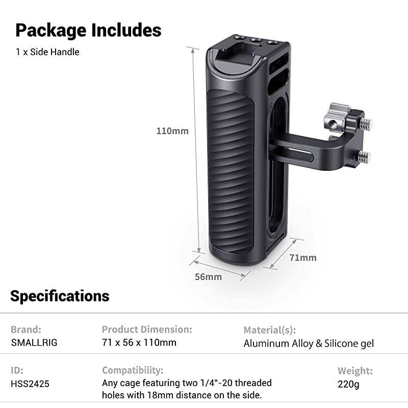 Universal Aluminum Side Handle Grip for DSLR Camera Cage with Cold Shoe Mount Builtin Wrench 14 Threaded Holes HSS2425