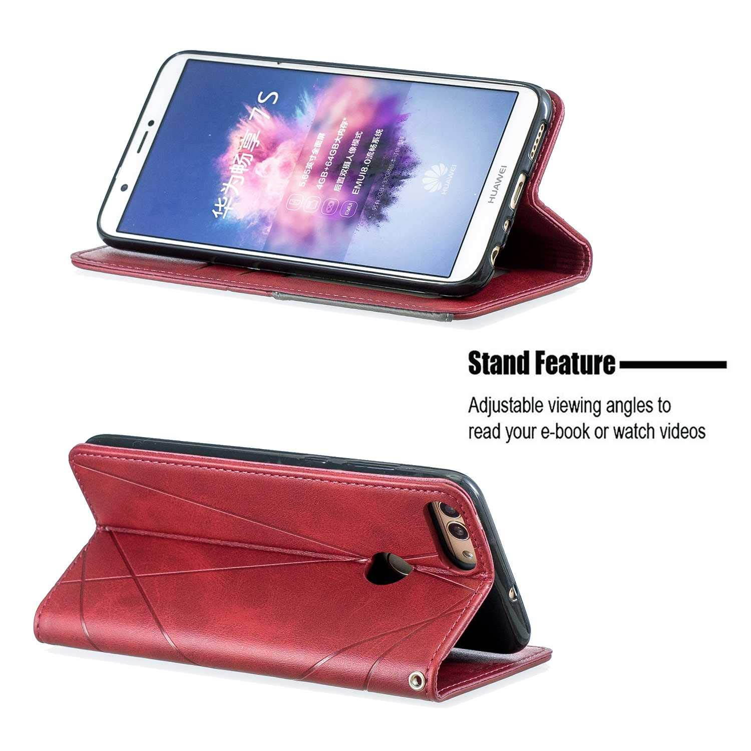The Grafu Case for Huawei Enjoy 7S / Huawei P Smart 2018, Anti Scratch PU Leather and Shockproof TPU Inner Cover, Magnetic Full Body Protective for Huawei Enjoy 7S / Huawei P Smart 2018, Red