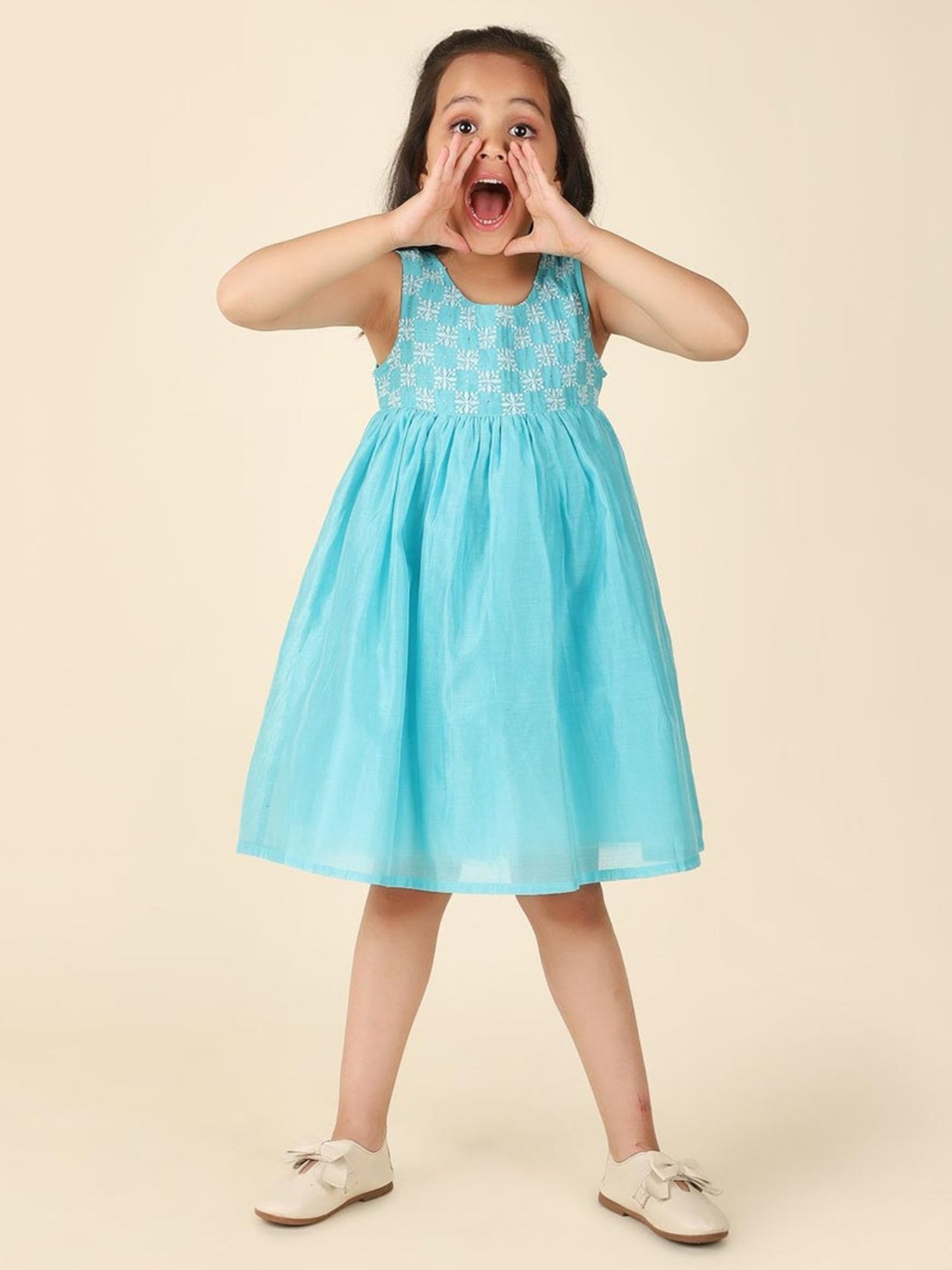 Fabindia Kids Blue Embroidered Dress