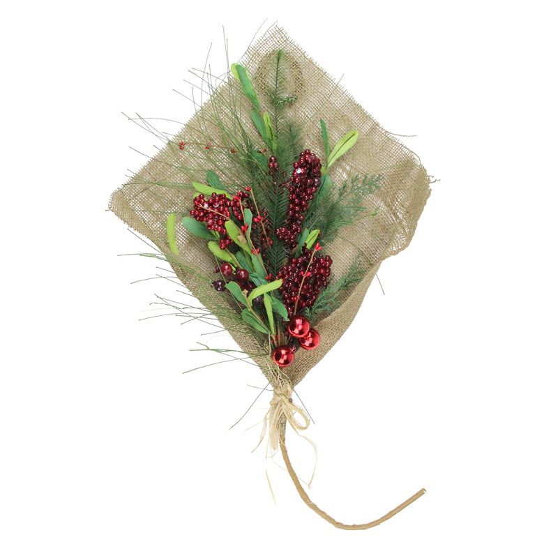 Northlight 32" Red Berries With Green Accents Holiday Bouquet Wrapped in Burlap Christmas Decor