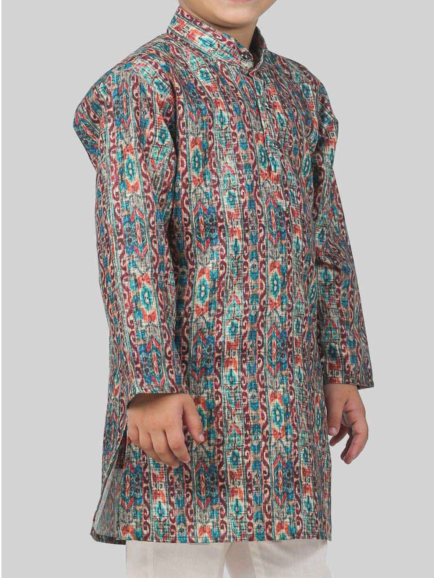 Ahhaaaa Kids Blue & White Cotton Handloom Full Sleeves Kurta Set