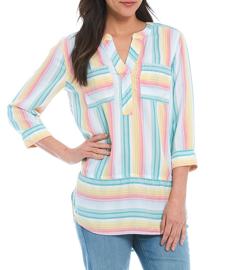 Westbound Rainbow Prism Stripe 3/4 Sleeve Two-Pocket Popover Shirt