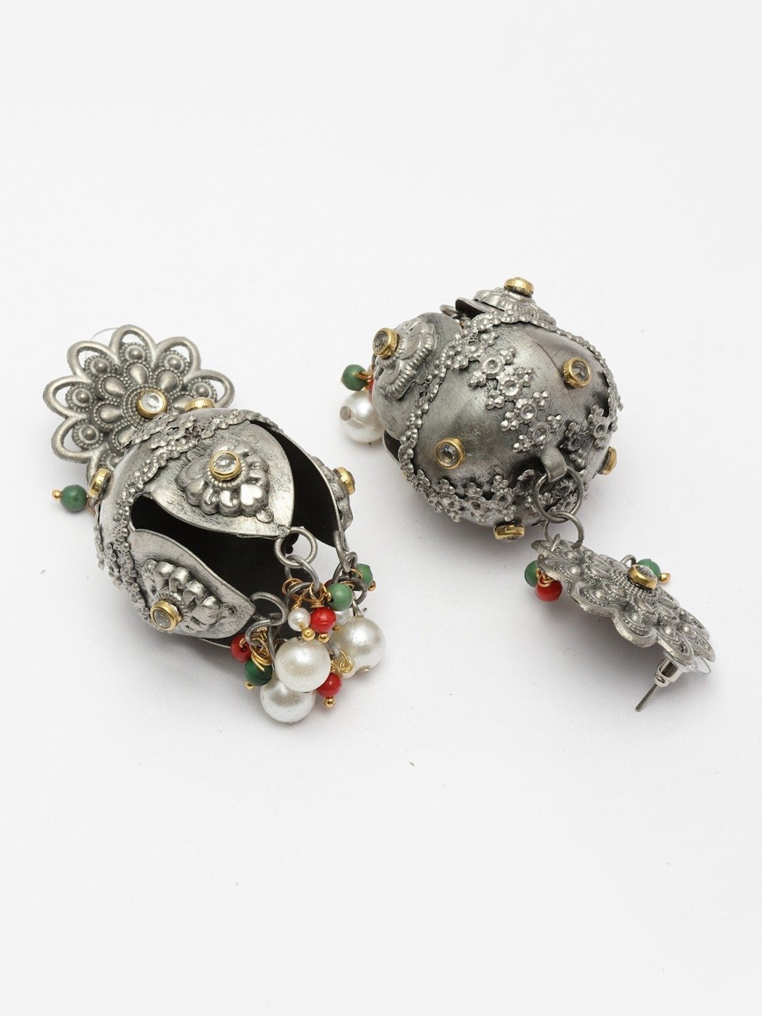 Moedbuille Stones and Pearls Tasselled Design Filigree Work Oxidised Silver Plated Earrings