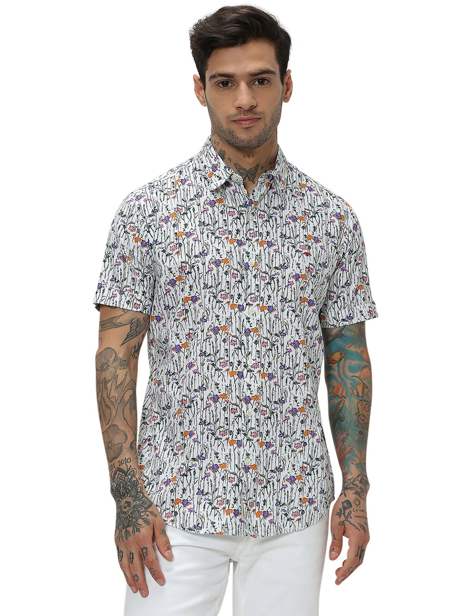 Mufti White Slim Fit Floral Print Shirt